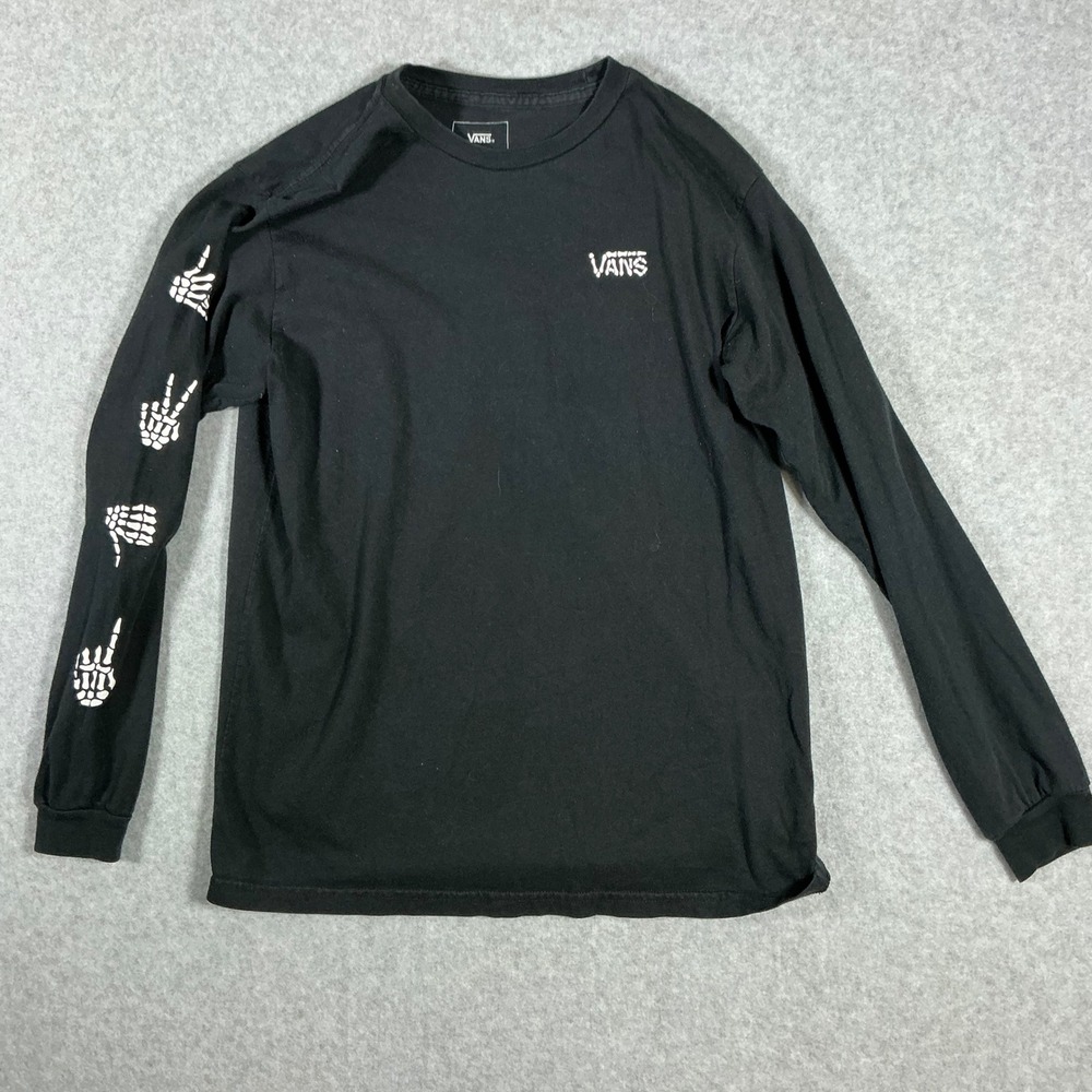Vans Skeleton Hand Graphic Long Sleeve T-Shirt Black Large Custom Fit Cotton